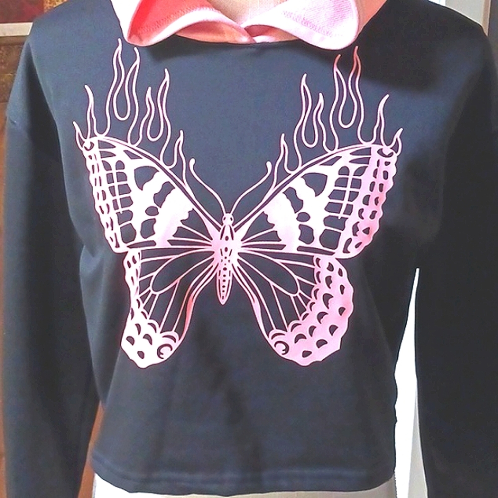 GRAPHIC Butterfly Long Sleeve Pull-On Hoodie Black/Pink Size 13/14 Youth